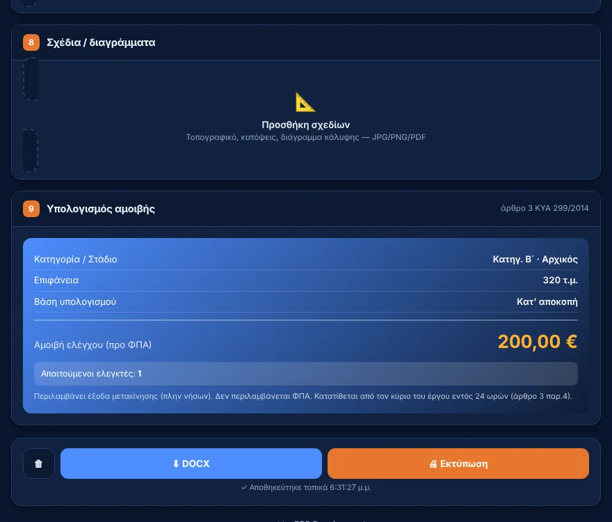 Υπολογισμός αμοιβής ελέγχου για Κατηγορία Β΄, αρχικό στάδιο, 320 τ.μ.