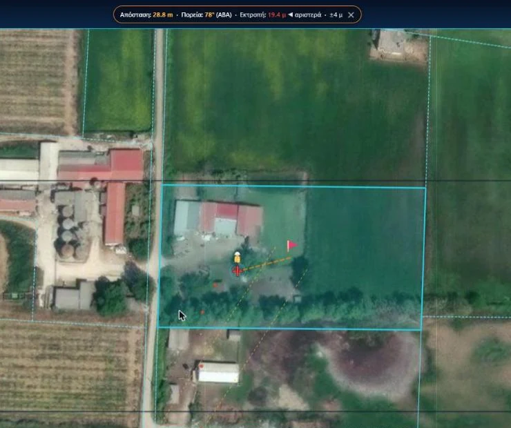 Live tracking με πλοήγηση προς σημείο μέσα σε γεωτεμάχιο ΚΑΕΚ, με απόσταση, πορεία και εκτροπή